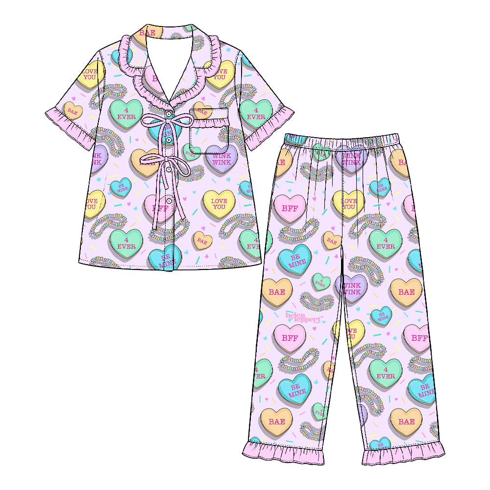 Preorder (moq 5) Baby Girl Clothes Valentine Candy Heart Hair Clip Mixed Print Short Sleeve Ruffle Pajama Set