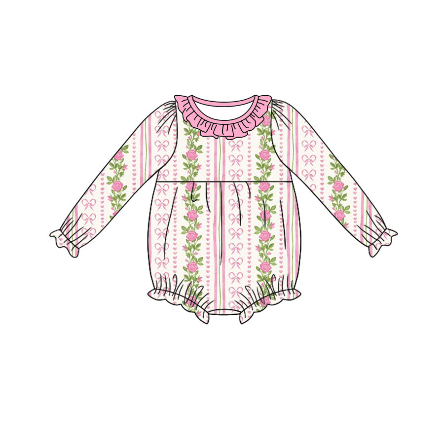 Preorder (moq 5) Baby Girl Clothes Rose Bow Stripe Print Long Sleeve Ruffle Neck Bubble Romper