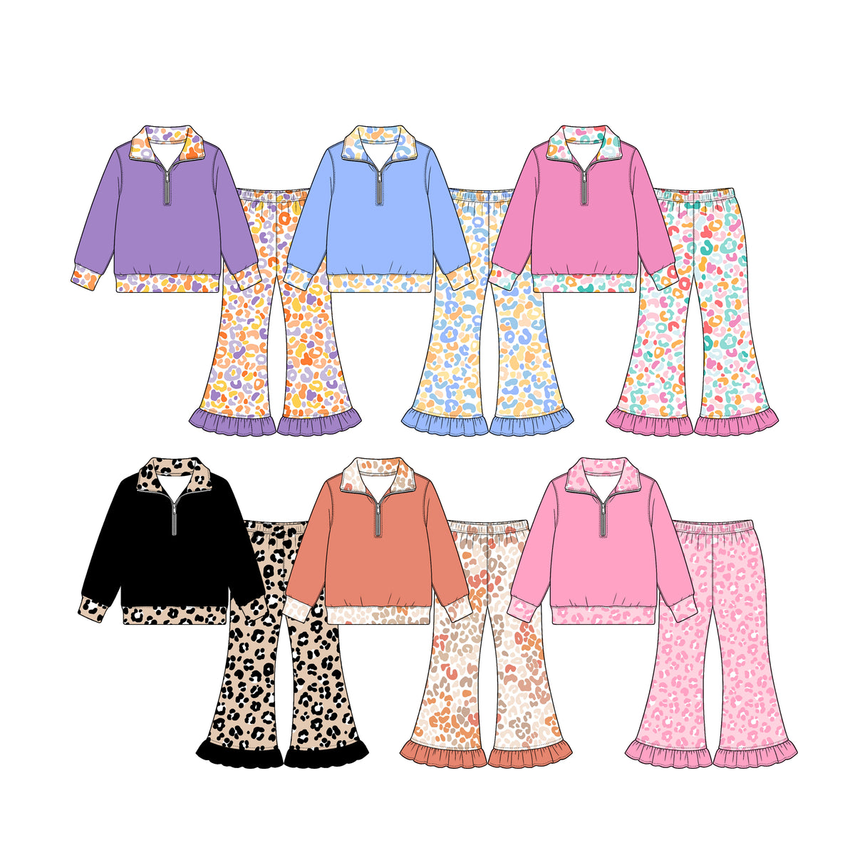 Preorder (moq 5) GLP4072 Baby Girl Clothes Pink Ditsy Floral Contrast Print Long Sleeve Half Zip Ruffle Flare Pant Set