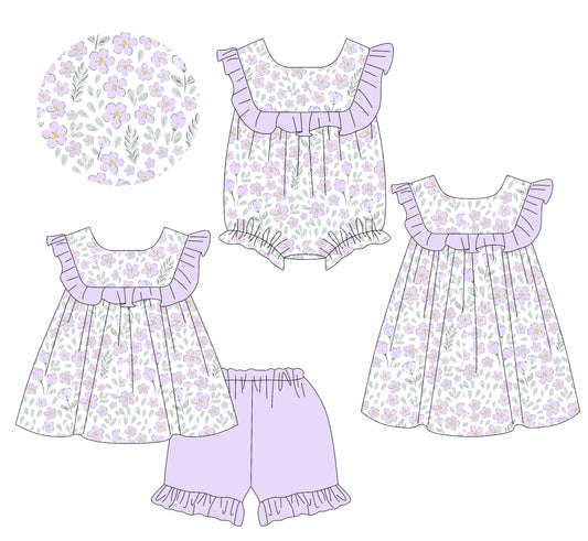 GSD1908 purple flowers short sleeves girl dress 202501 preorder