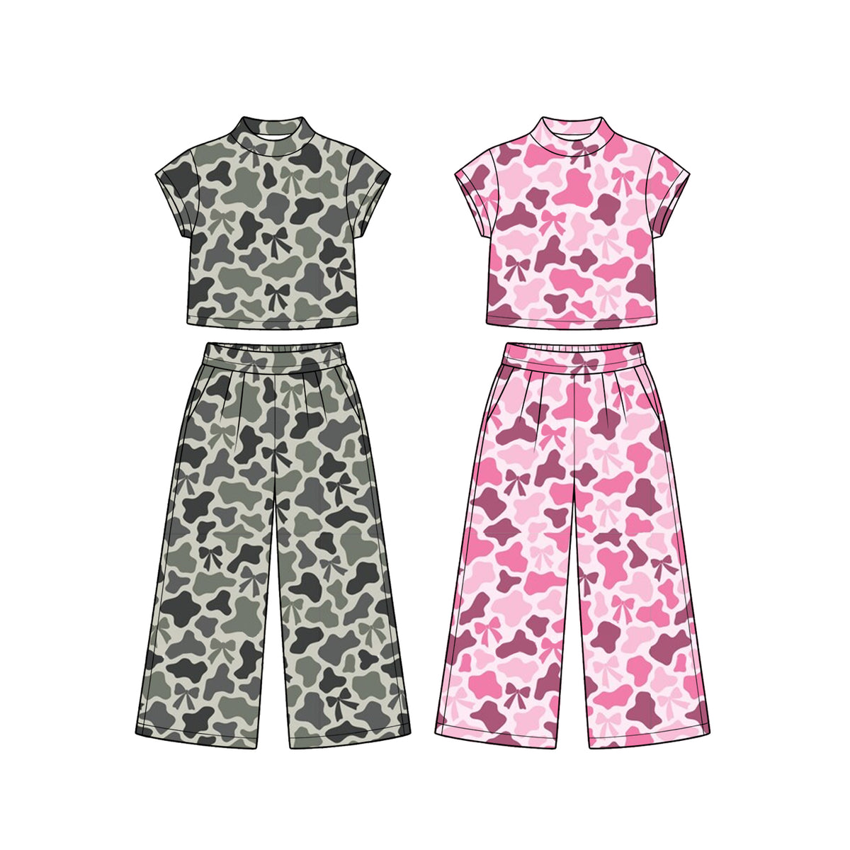 Preorder (moq 5) GSPO2410 Baby Girl Clothes Pink Floral Mixed Print Short Sleeve Crop Top Wide Leg Pant Set