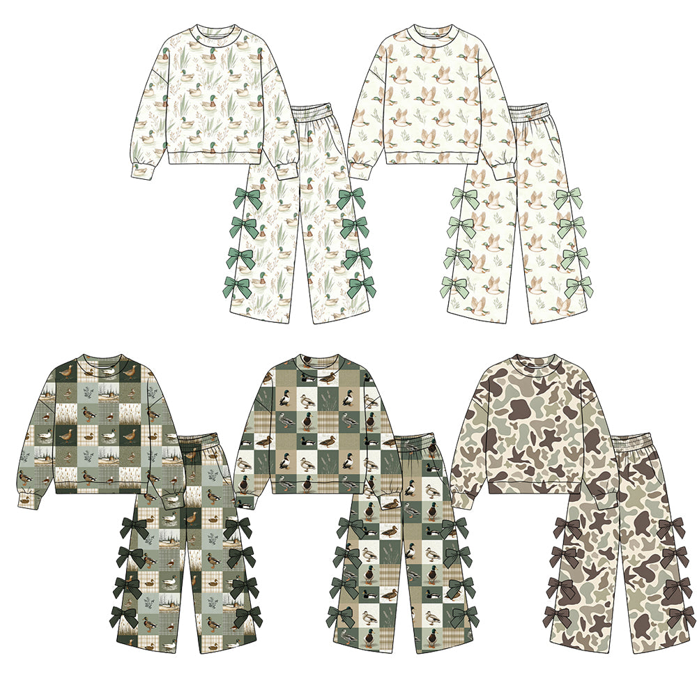 Preorder (moq 5) GLP4053 Baby Girl Clothes Mallard Duck Patchwork Grid Print Long Sleeve Bow Flare Pant Set