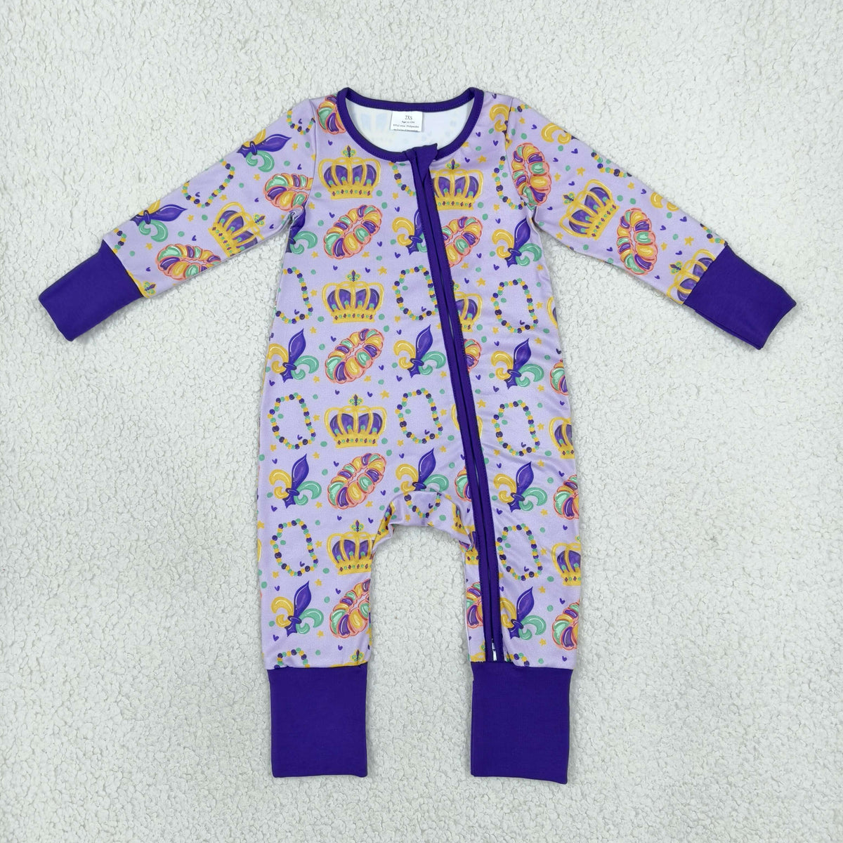 NO MOQ RTS LR3341 Baby Boy Girl Clothes Mardi Gras Crown Fleur De Lis Bead Cartoon Print Long Sleeve Zipper Jumpsuit 202610