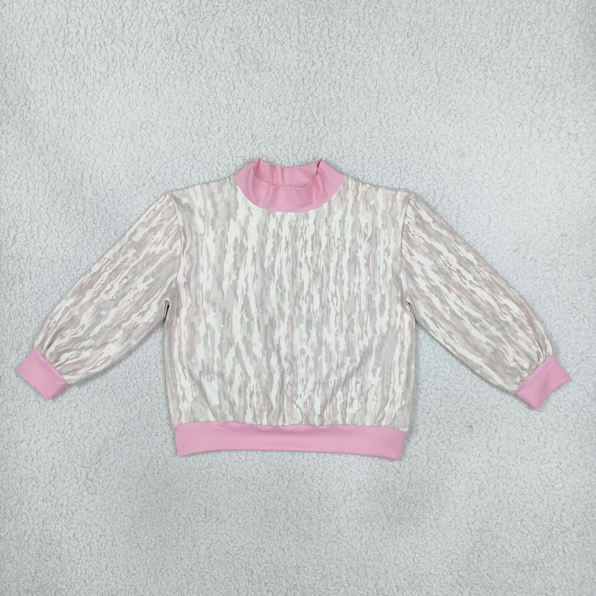 NO MOQ RTS GT1889-yoga Baby Girl Clothes Pink Camo Brushstroke Print Long Sleeve Mock Neck Top 202610