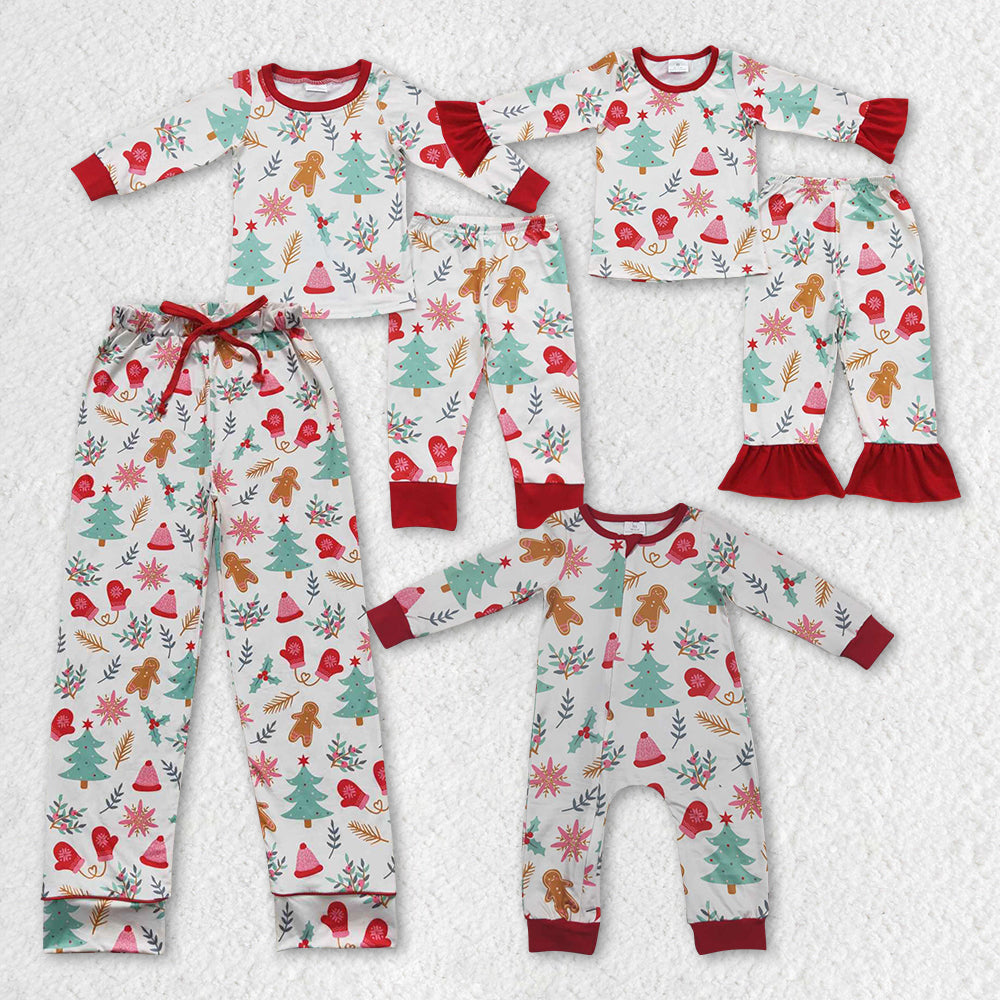 NO MOQ RTS BLP0264 Baby Girl Clothes Christmas Gingerbread Tree Mixed Print Long Sleeve Regular Pant Pajama Set 202610