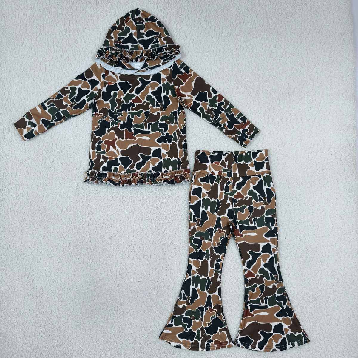 NO MOQ RTS GLP3078 Baby Girl Clothes Camo Print Ruffled Hooded Long Sleeve Top Flare Pant Outfit Set 202610