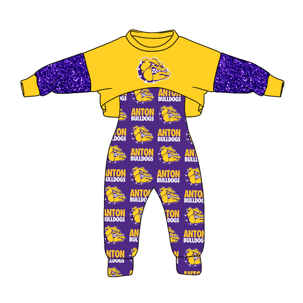 custom MOQ3 bull dog purple yellow girl overall football clothes