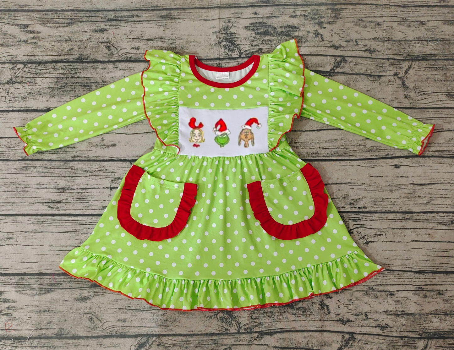 GLD0217 embroidery cartoon long sleeve gren Christmas grin girl dress 20231005 RTS