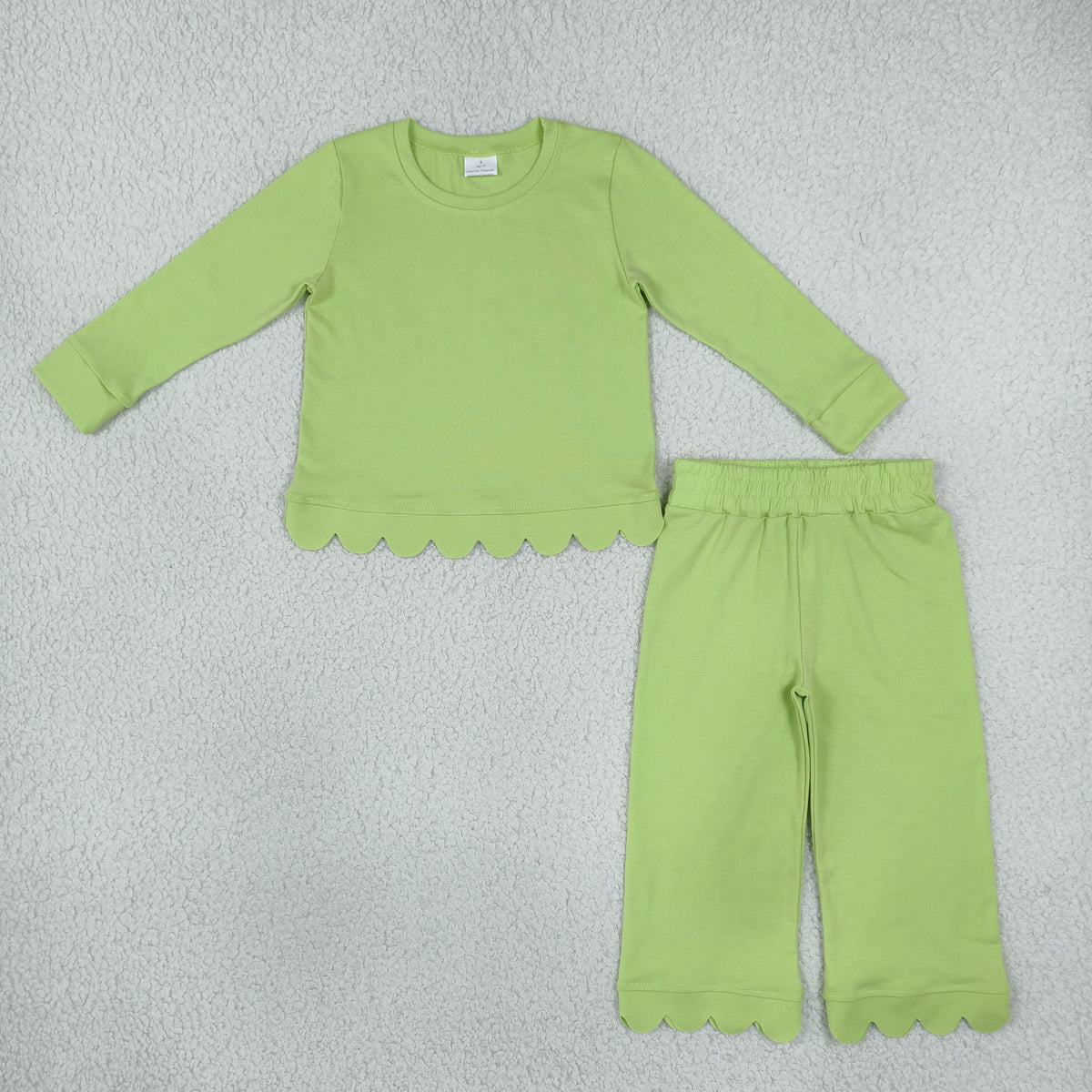 NO MOQ RTS GLP3296-scallop (2) Baby Girl Clothes Solid Light Green Scalloped Trim Long Sleeve Top Wide Leg Pant Set 202610