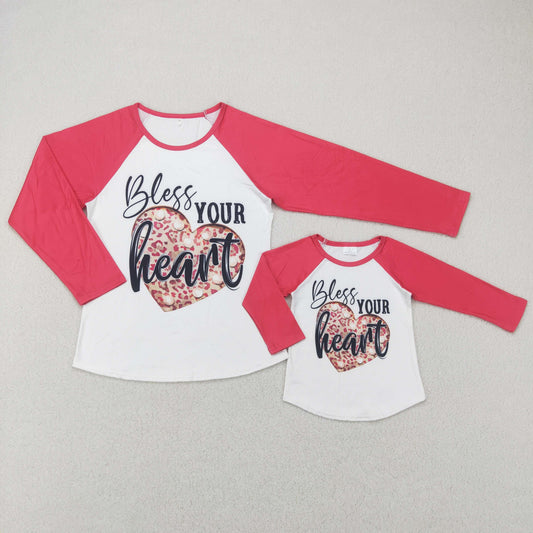 Adult valentine top shirt bless your heart letters red raglan adult long sleeve top mama & kid 20231130 RTS