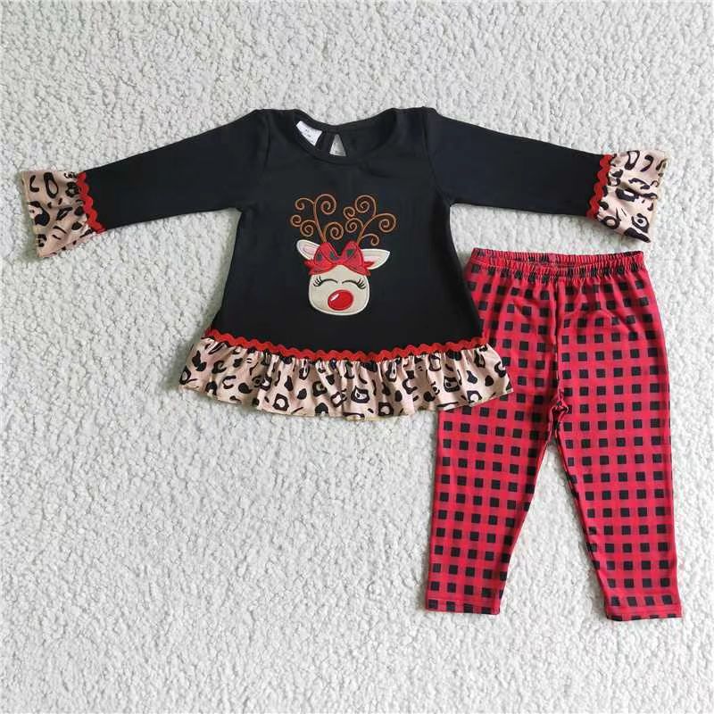 6A18-27 Christmas girl reindeer leopard print ruffle red plaid long sleeve legging outfit