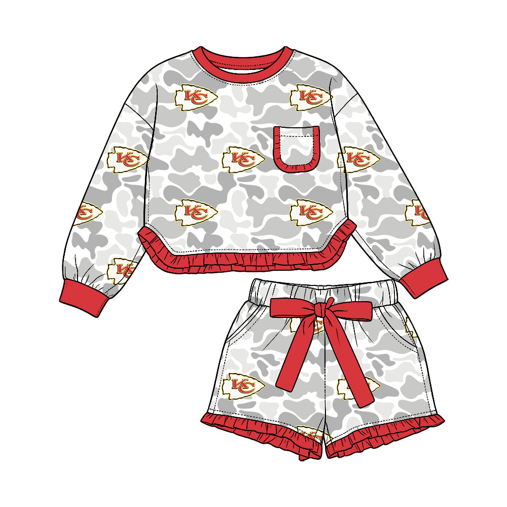 Preorder (moq 5) Kansas City Baby Girl Clothes Grey Camo Logo Print Long Sleeve Ruffle Top Ruffle Shorts Outfit Set