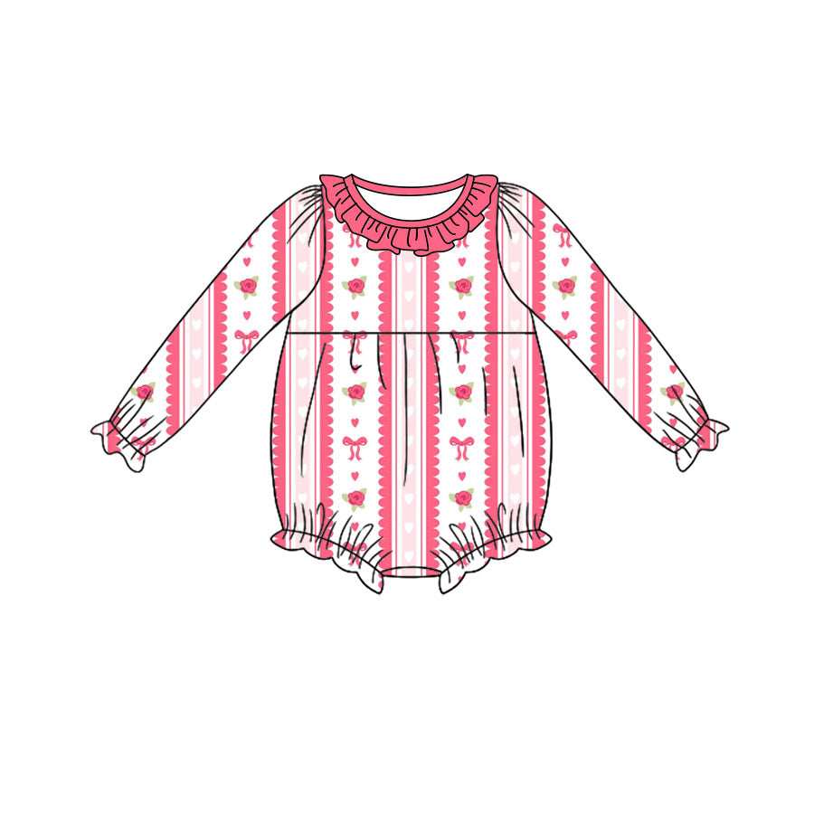 Preorder (moq 5) Baby Girl Clothes Rose Bow Heart Stripe Print Long Sleeve Ruffle Neck Bubble Romper