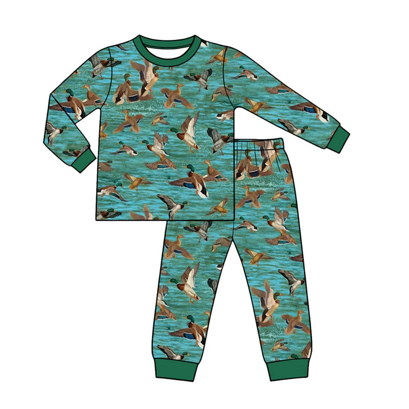 Preorder (moq 5) Baby Boy Clothes Realistic Mallard Duck Water Print Long Sleeve Top Pant Pajama Set