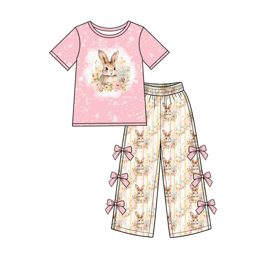 Preorder (moq 5) Baby Girl Clothes Floral Easter Bunny Stripe Mixed Print Short Sleeve Bow Wide Leg Pant Set