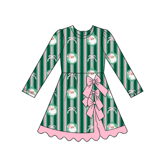 Preorder (moq 5) Baby Girl Clothes Christmas Santa Stripe Bow Mixed Print Long Sleeve Scalloped Hem Dress