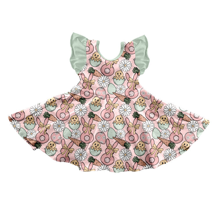 Preorder (moq 5) Baby Girl Clothes Easter Bunny Chick Egg Daisy Print Flutter Sleeve Twirl Dress