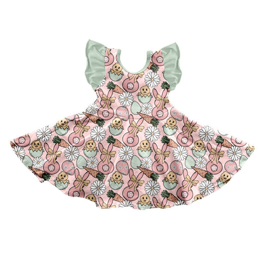 Preorder (moq 5) Baby Girl Clothes Easter Bunny Chick Egg Daisy Print Flutter Sleeve Twirl Dress
