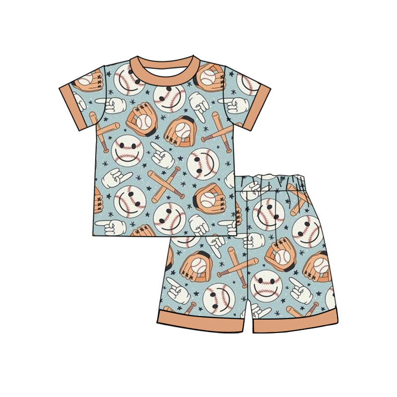 Preorder (moq 5) Boys Outfit Smiley Baseball Hand Gesture Print Short Sleeve Top And Shorts Set