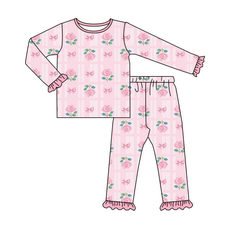 Preorder (moq 5) Baby Girl Clothes Rose Bow Plaid Print Ruffle Long Sleeve Pajama Set
