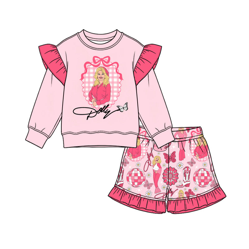 Preorder (moq 5) Girls Outfit Pink Character Print Ruffle Long Sleeve Top Ruffle Shorts Set