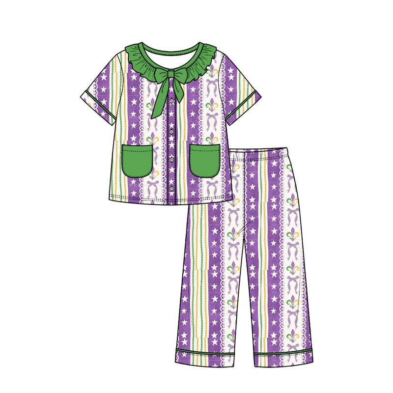 Preorder (moq 5) Girls Mardi Gras Pajamas Purple Green Gold Stripe Fleur De Lis Print Ruffle Collar Bow Short Sleeve Top Long Pants Set