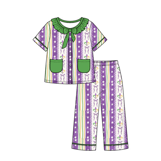 Preorder (moq 5) Girls Mardi Gras Pajamas Purple Green Gold Stripe Fleur De Lis Print Ruffle Collar Bow Short Sleeve Top Long Pants Set