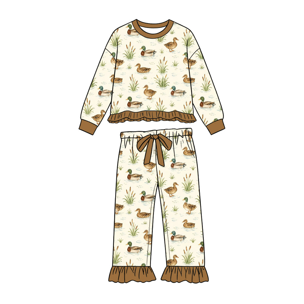 Preorder (moq 5) Baby Girl Clothes Water Mallard Duck Botanical Print Long Sleeve Ruffle Top Ruffle Pant Set
