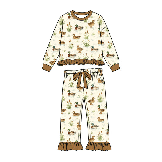 Preorder (moq 5) Baby Girl Clothes Water Mallard Duck Botanical Print Long Sleeve Ruffle Top Ruffle Pant Set
