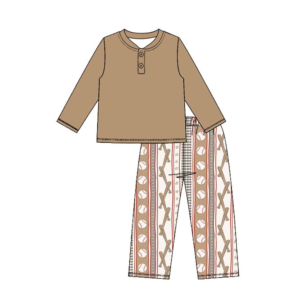 Preorder (moq 5) Baby Boy Clothes Baseball Bat Plaid Stripe Print Long Sleeve Henley Top Pant Set