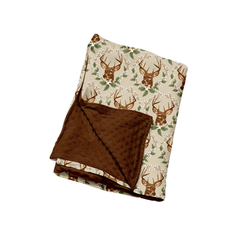 Preorder (moq 5) Baby Boy Clothes Deer Head Holly Leaf Allover Print Double Sided Minky Baby Blanket