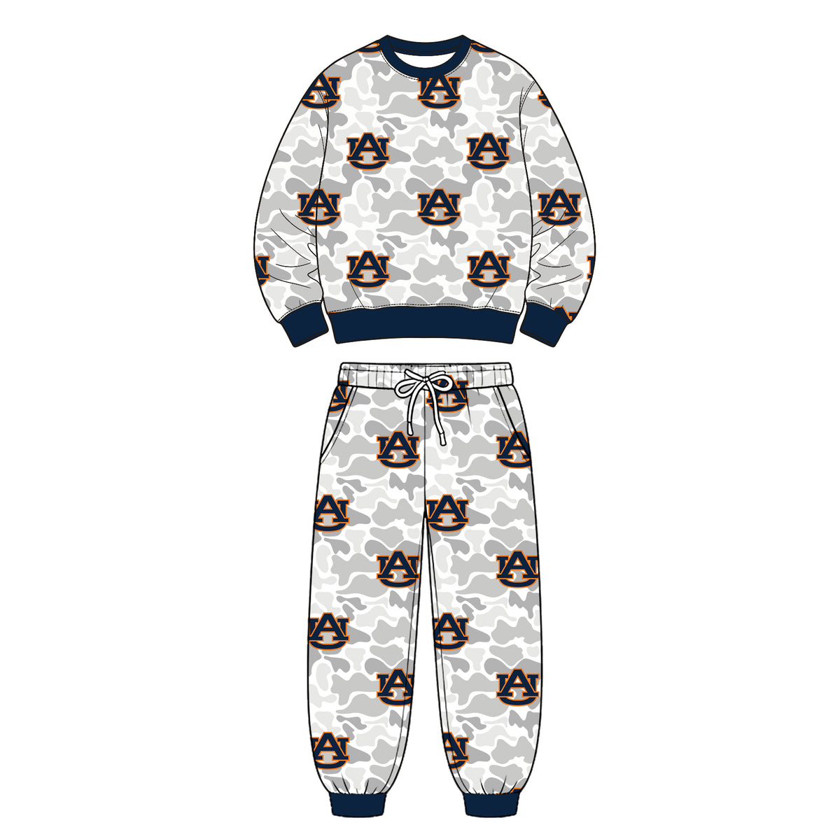 Preorder (moq 5) Auburn Baby Clothes Grey Camo Logo Mixed Print Long Sleeve Sweatshirt Jogger Pants Outfit Set