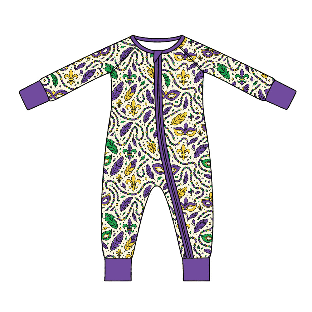 Preorder (moq 5) Baby Girl Clothes Mardi Gras Mask Fleur De Lis Feather Mixed Print Long Sleeve Zipper Romper