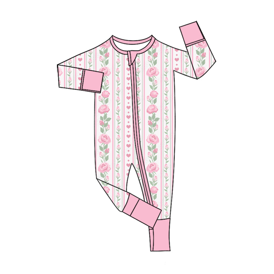 Preorder (moq 5) Baby Girl Clothes Pink Striped Rose Heart Allover Print Long Sleeve Zipper Jumpsuit