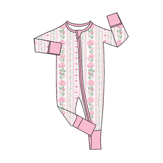 Preorder (moq 5) Baby Girl Clothes Pink Striped Rose Heart Allover Print Long Sleeve Zipper Jumpsuit