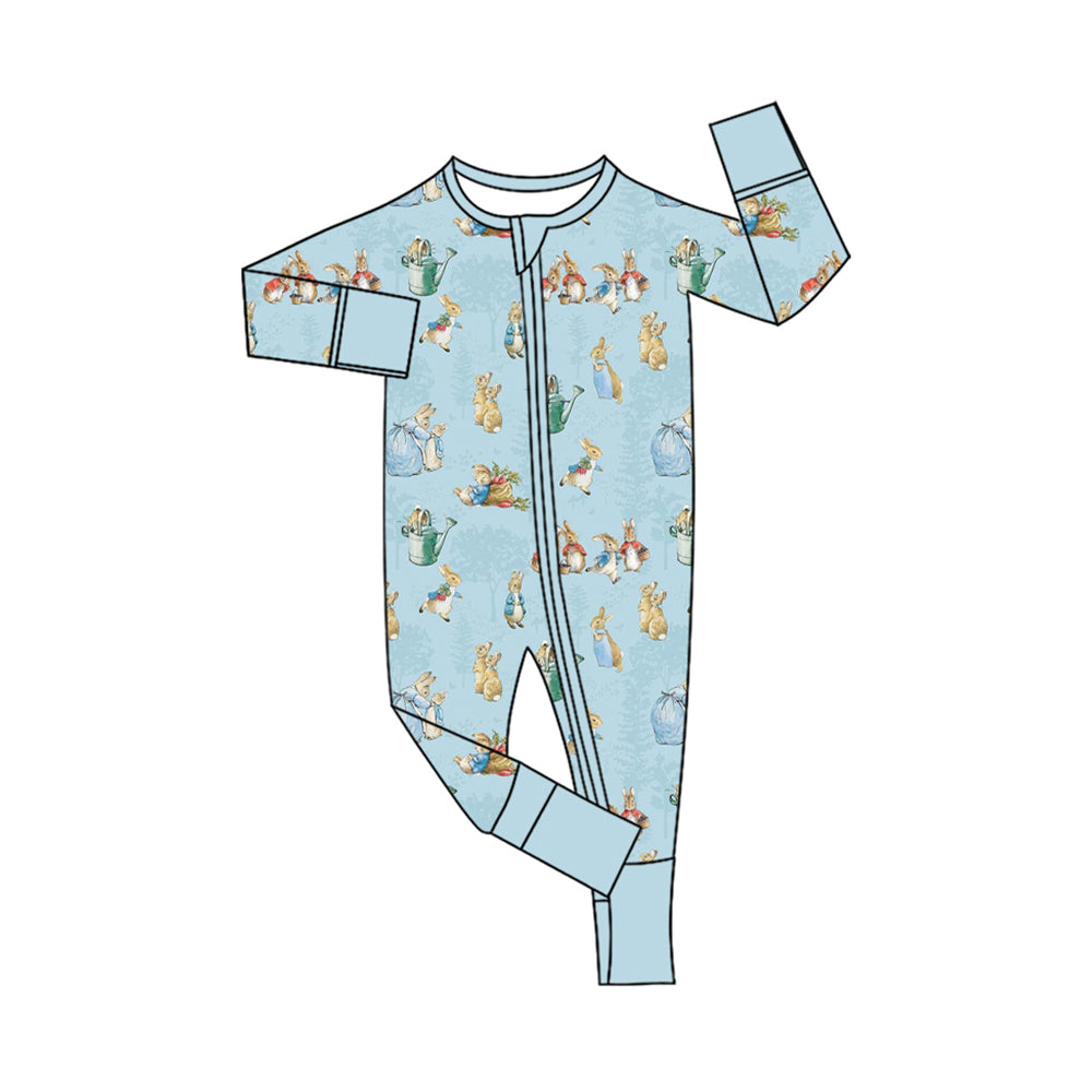 Preorder (moq 5) Baby Boy Clothes Easter Vintage Rabbit Garden Print Long Sleeve Zipper Romper