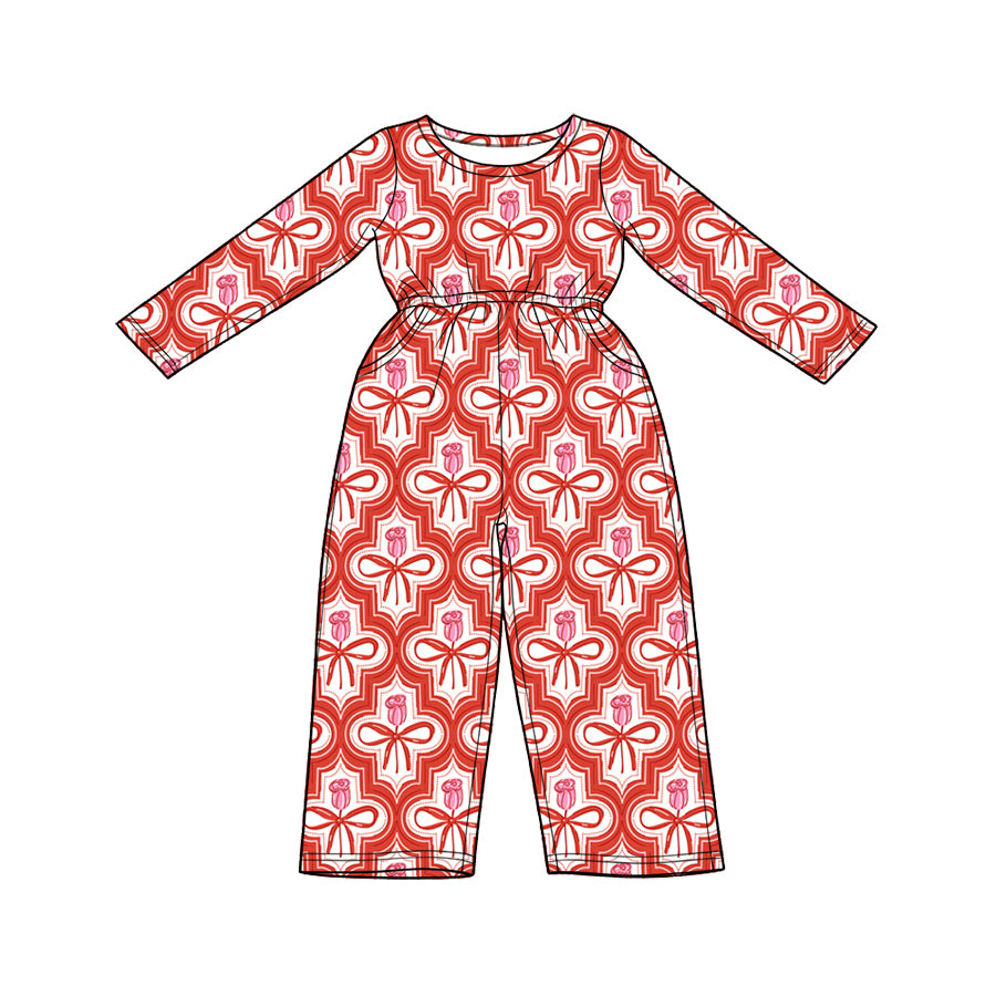 Preorder (moq 5) Baby Girl Clothes Tulip Bow Geometric Allover Print Long Sleeve Elastic Waist Pocket Jumpsuit