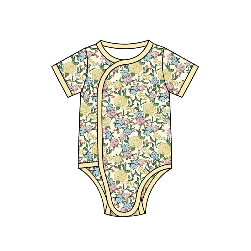 Preorder (moq 5) Baby Girl Clothes Retro Wildflower Mixed Print Short Sleeve Side Snap Bodysuit