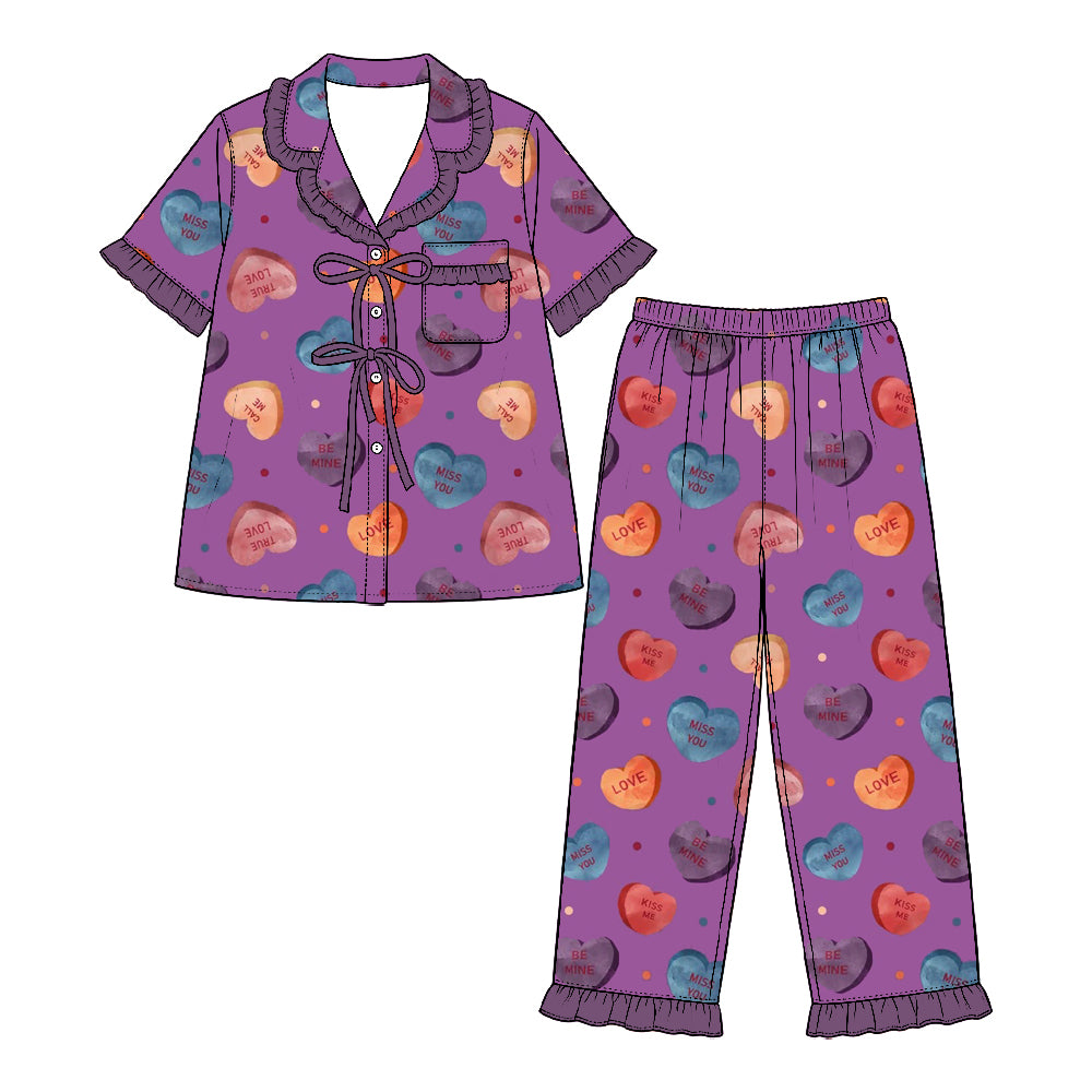 Preorder (moq 5) Baby Girl Clothes Valentine Watercolor Heart Mixed Print Short Sleeve Ruffle Pajama Set
