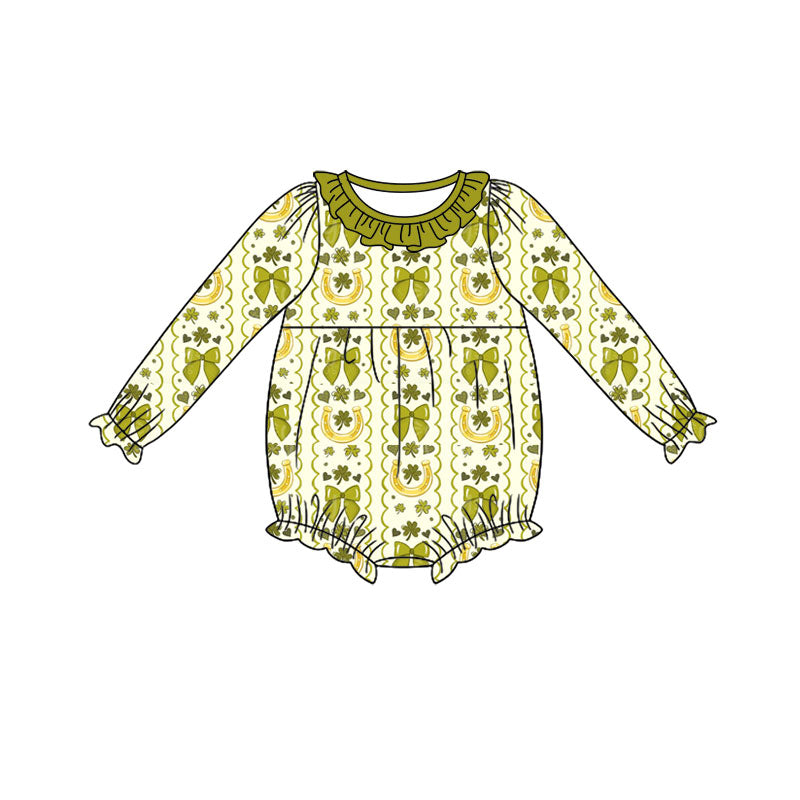 Preorder (moq 5) Baby Girl Clothes St Patricks Day Horseshoe Clover Bow Print Long Sleeve Ruffle Bubble Romper