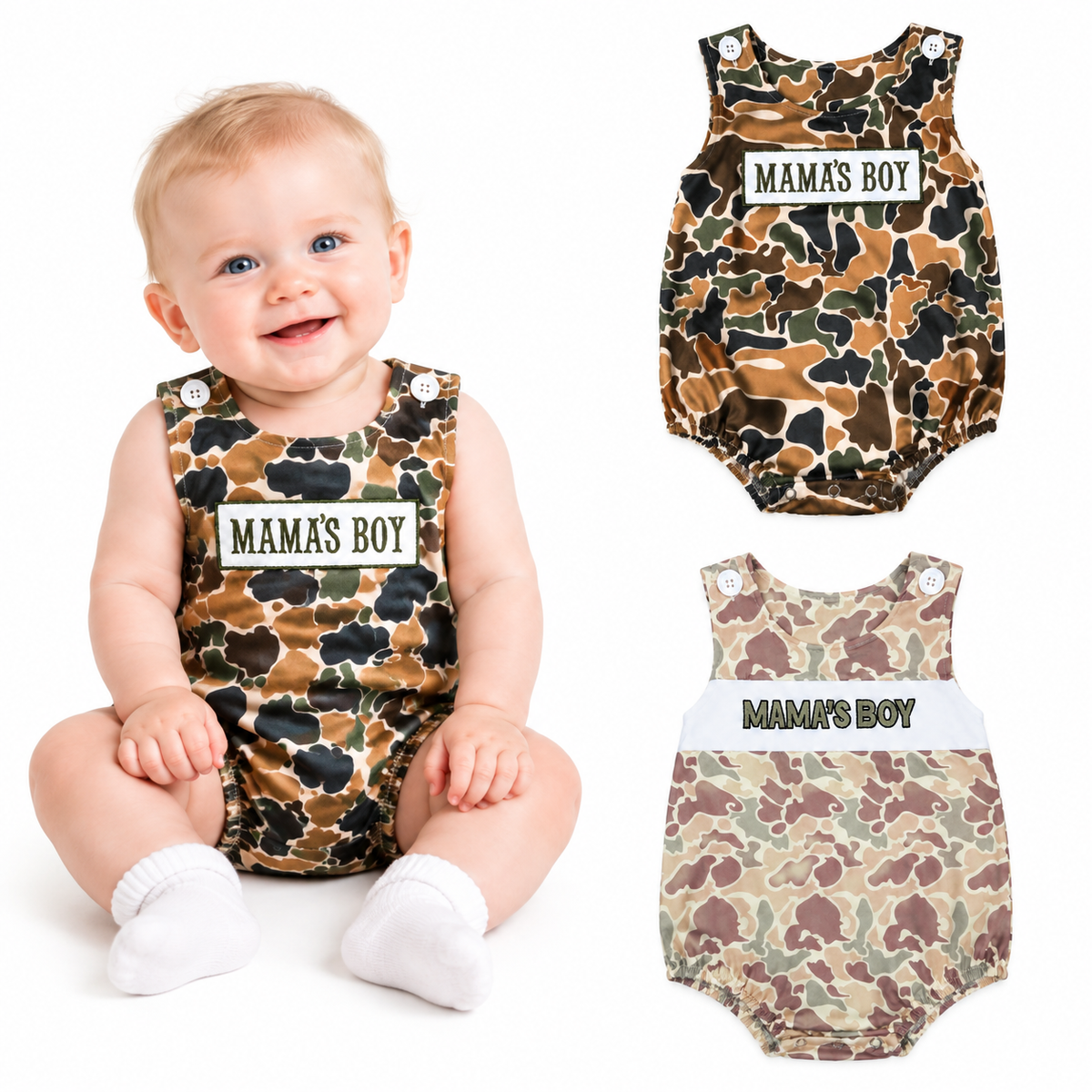 NO MOQ RTS SR3908 Baby Boy Clothes MAMA'S BOY Letter Patch Classic Retro Camo Print Sleeveless Bubble Romper 202610