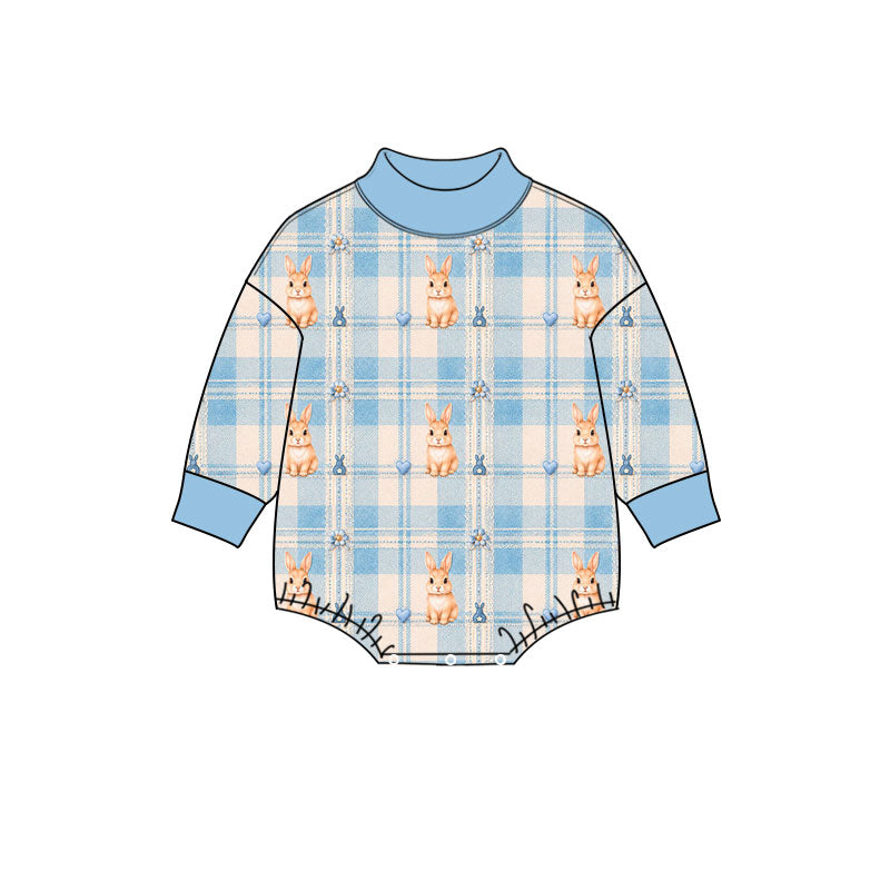 Preorder (moq 5) Baby Girl Clothes Easter Sweet Bunny Heart Blue Plaid Print Long Sleeve Mock Neck Bubble Romper