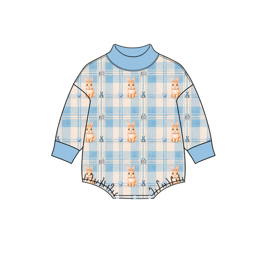 Preorder (moq 5) Baby Girl Clothes Easter Sweet Bunny Heart Blue Plaid Print Long Sleeve Mock Neck Bubble Romper