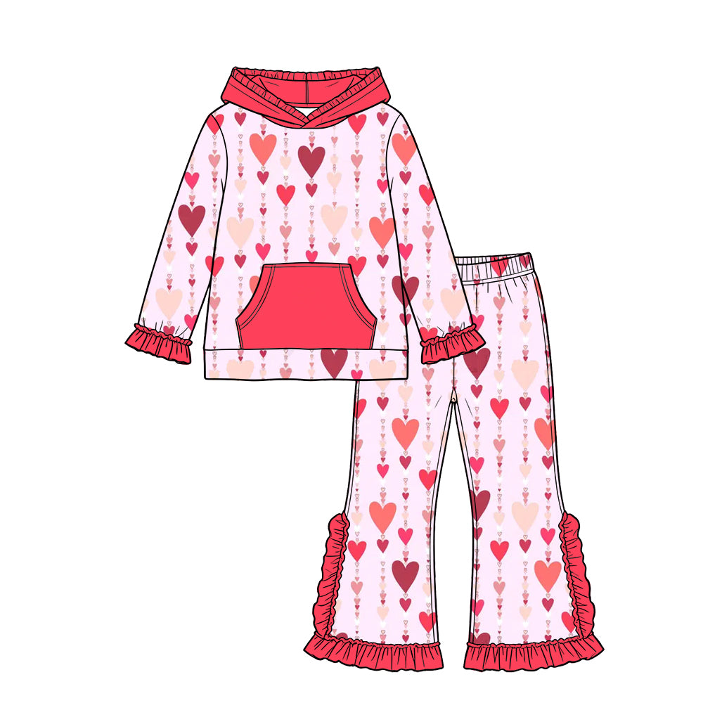 Preorder (moq 5) Baby Girl Clothes Valentine Ombre Heart Vertical Mixed Print Long Sleeve Hooded Top Ruffle Flare Pant Set