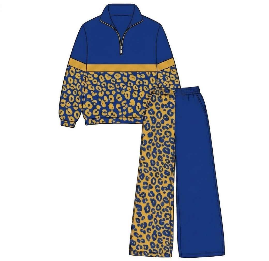 Custom MOQ5 blue yellow leopord team zip long sleeves Girl winter clothes