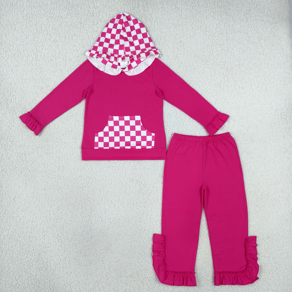 NO MOQ RTS GLP3709-bundle Baby Girl Clothes Pink Checker Ruffle Print Long Sleeve Hood Top Ruffle Pant Set 202610