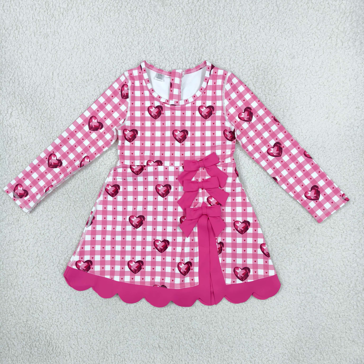 NO MOQ RTS GLD1750(1)-scallop-yoga Baby Girl Clothes Pink Gingham Gem Heart Print Long Sleeve Bow Dress 202610