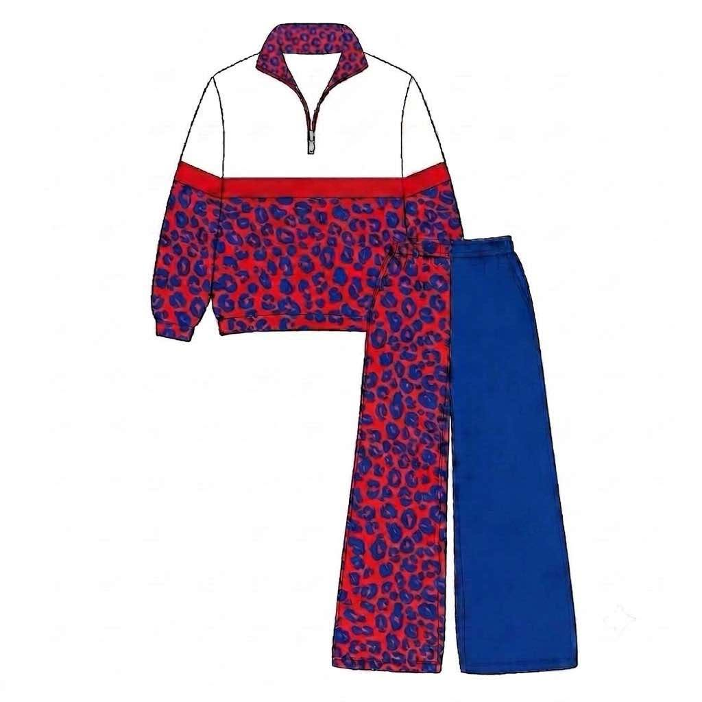 Custom MOQ5 Hot pink blue leopord team zip long sleeves Girl winter clothes