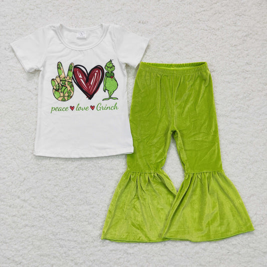 A0-2 Green cartoon white velvet short sleeve bell bottom pant outfit 20230704 RTS