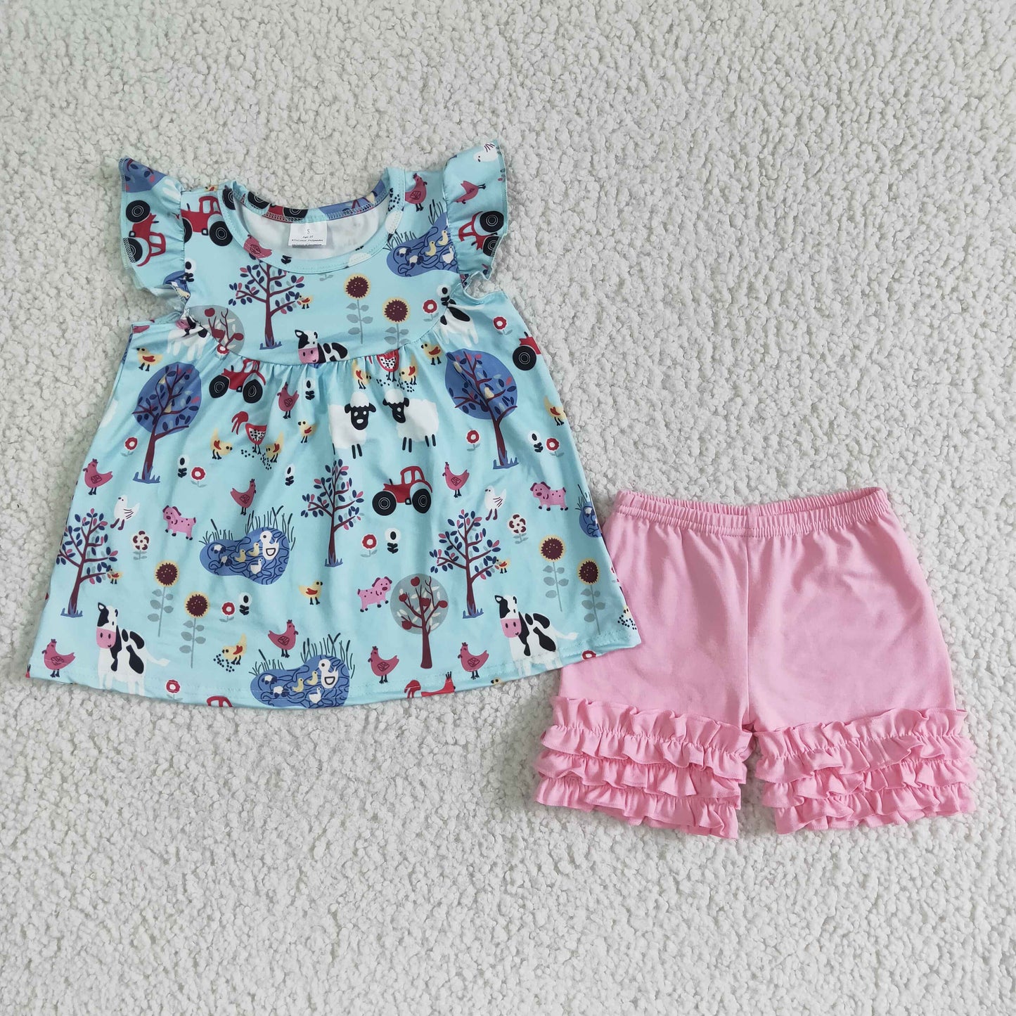 promotion A10-14 RTS Farm cow blue puffy pink ruffles girl short sleeve shorts outfits 0520